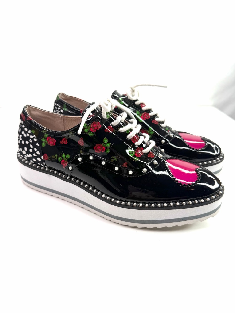 Betsey Johnson Black Pink Marti Mystik Patent Floral Platform Oxford Sneakers